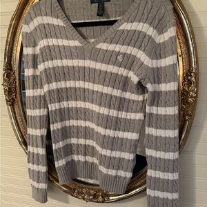 Ralph Lauren Gray and White V-Neck Sweater